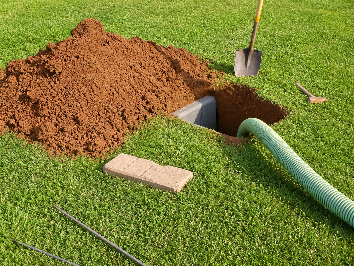 Backyard trench with shovel, dirt pile, and green drainage pipe next to a lawn