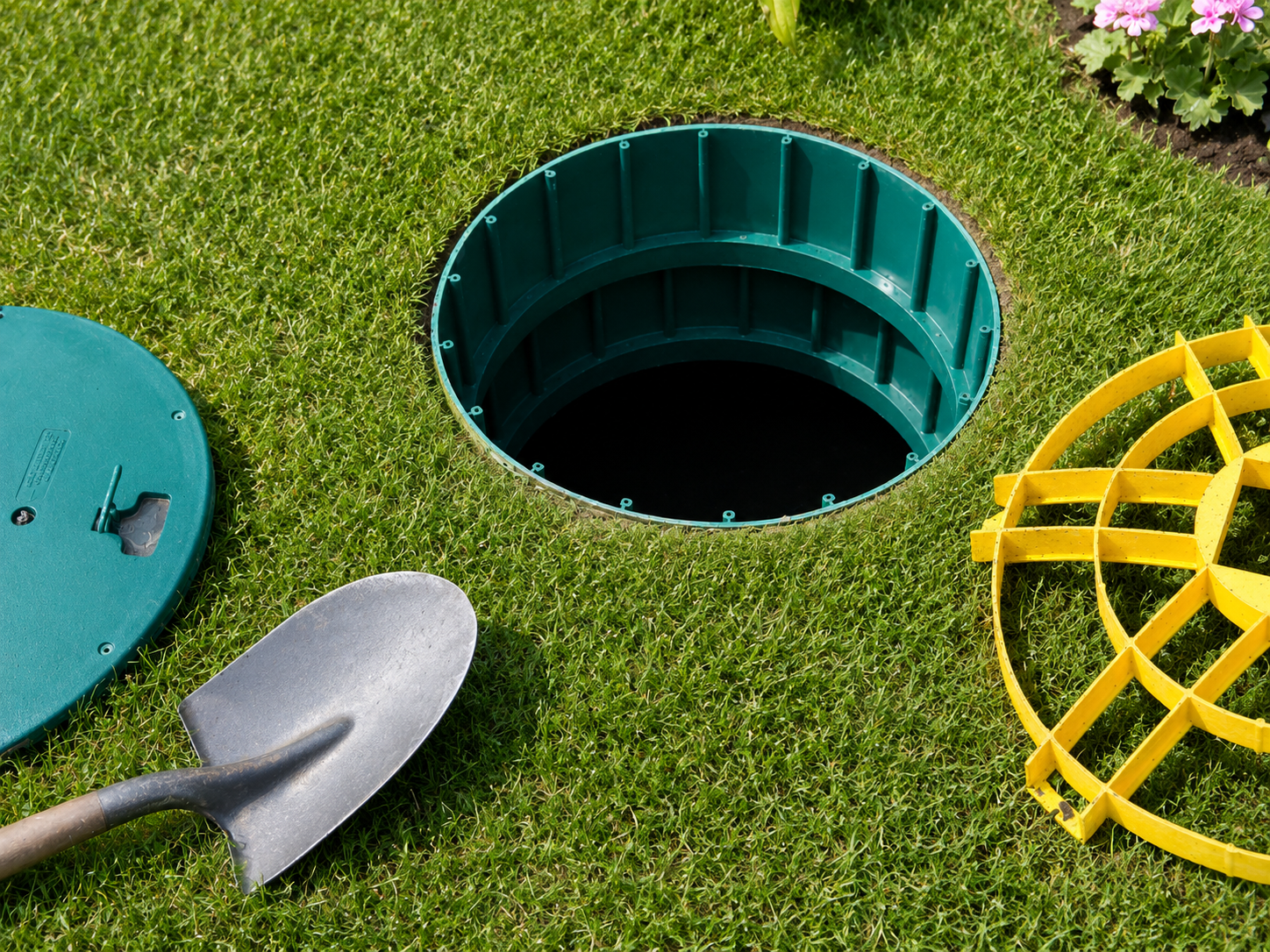 Mini golf hole with green turf, a gray putter, and colorful obstacles in the grass
