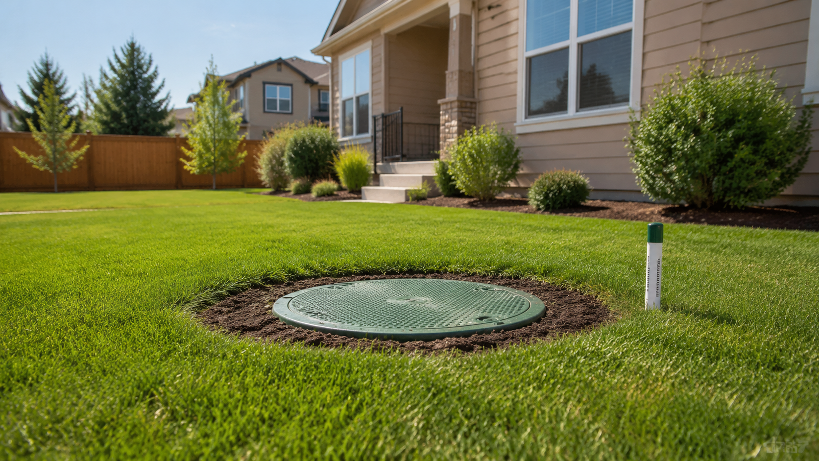 Lawn with a round ground light in a landscaped yard beside a beige house