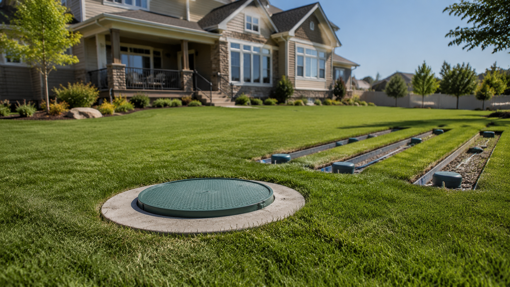 Luxury house with a green lawn, circular ground cover, and landscaped drainage beds
