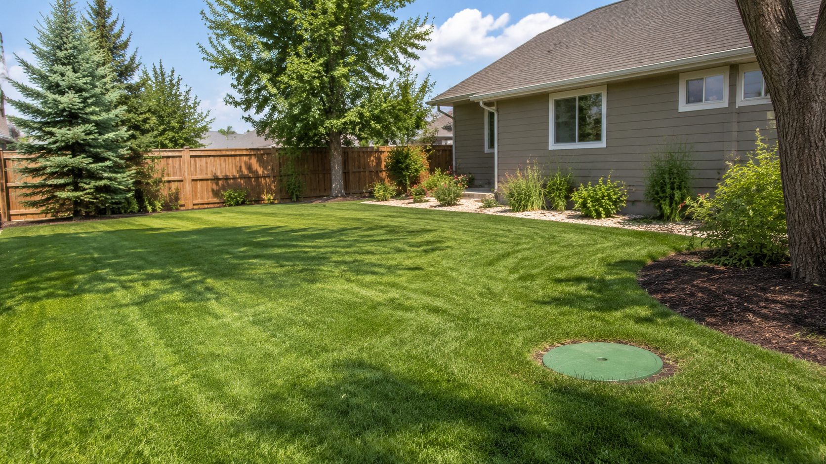 Backyard lawn beside a house, with trees, a fence, and a green utility cover.