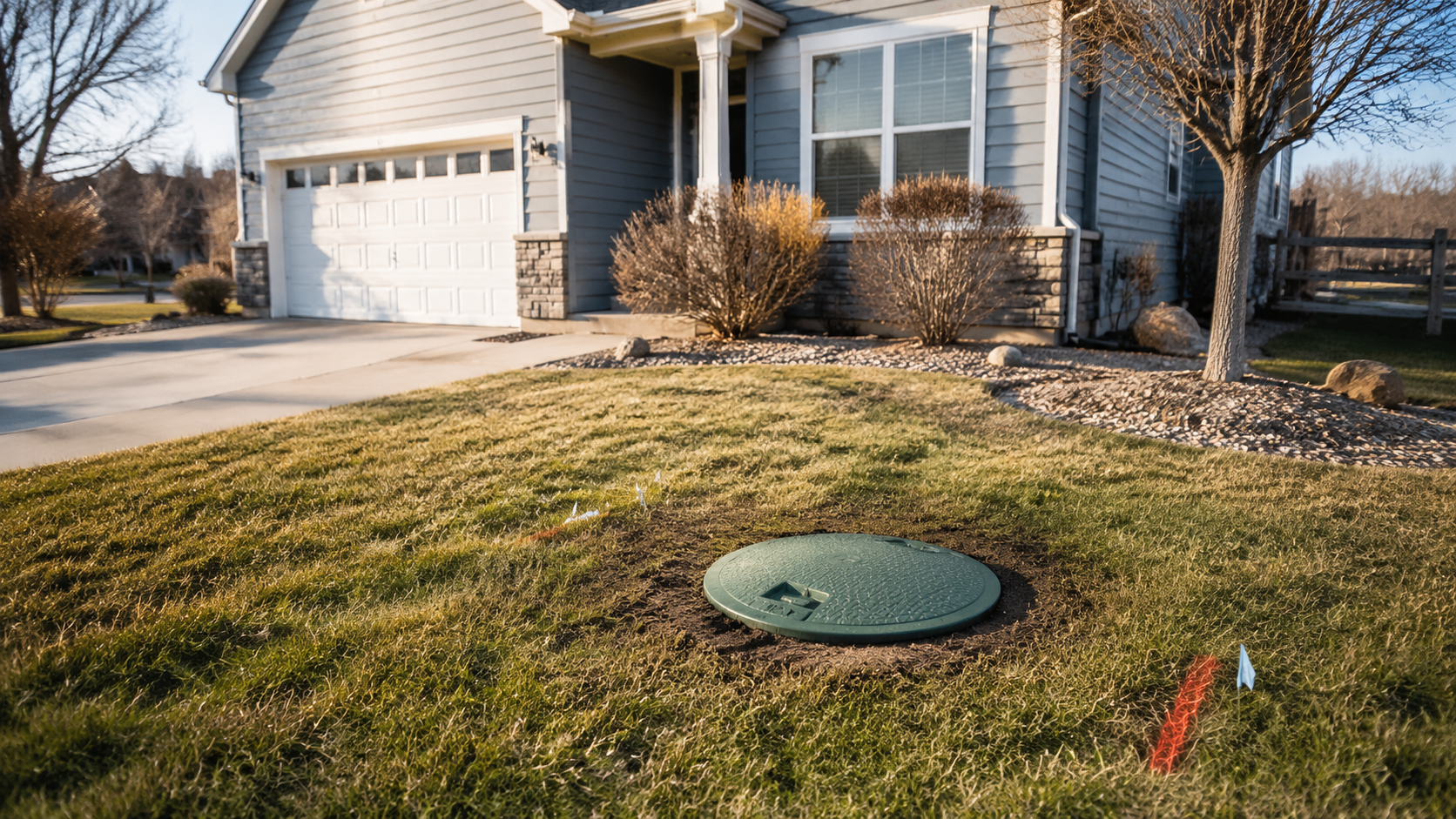 Suburban house front yard with a green utility cover in the grass and a red marker stake near the driveway
