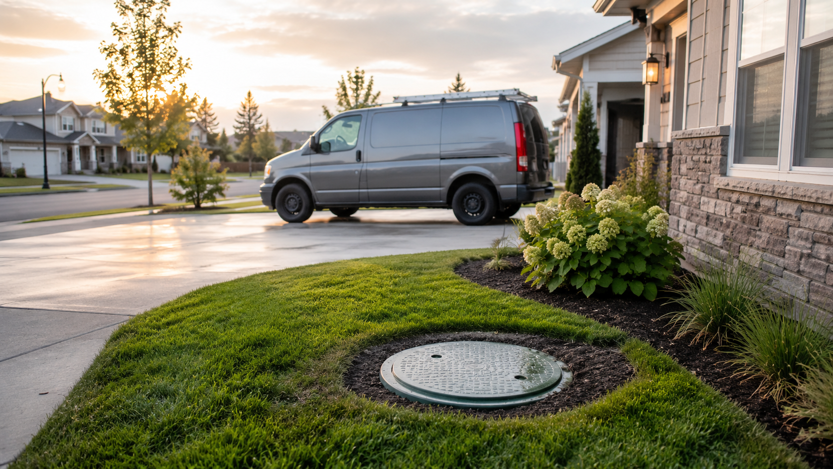 Gray van parked in a suburban driveway beside a house and green lawn at sunset