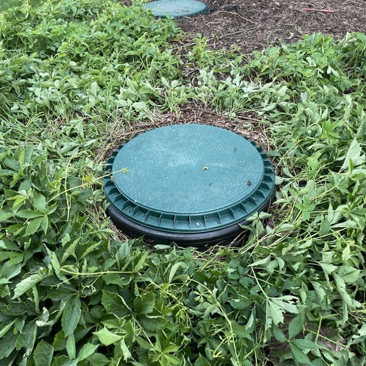 Green lawn with a round teal utility cover in the center
