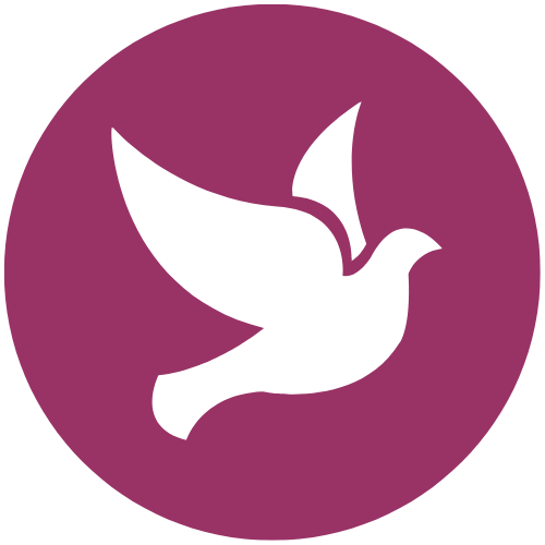 a white dove is flying in a purple circle