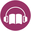 a purple circle with a book and headphones on it