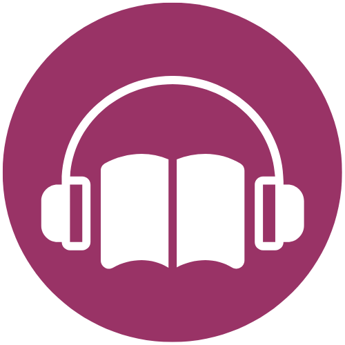 a purple circle with a book and headphones on it