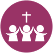 a purple circle with three people and a cross on top