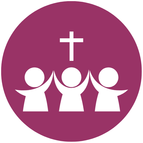 a purple circle with three people and a cross on top