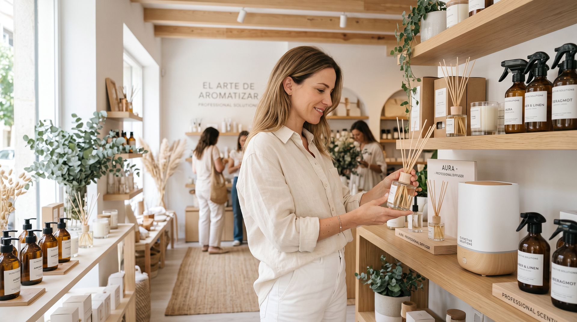 Woman browsing products on wooden shelves in a bright, minimalist shop