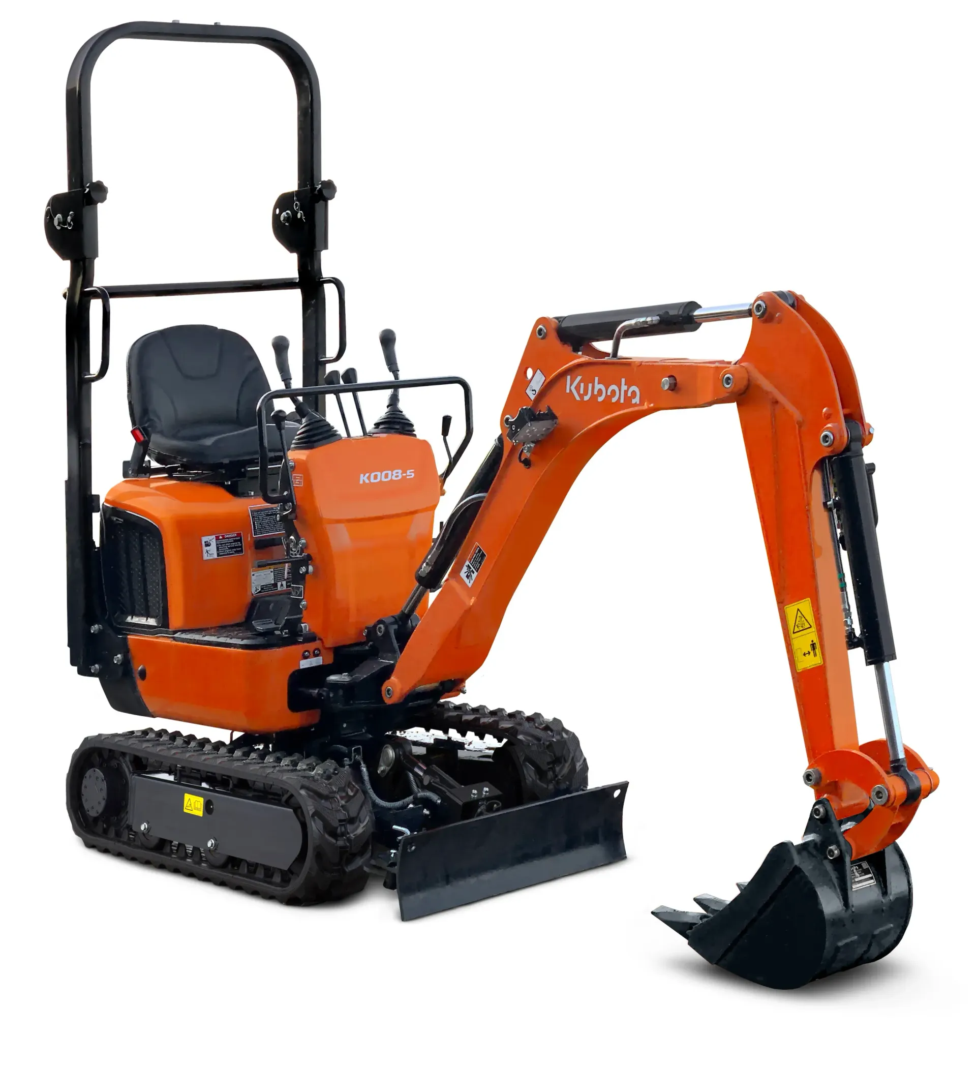 A small orange excavator with a black bucket on a white background.