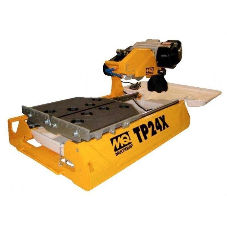 A yellow tp24x tile saw on a white background