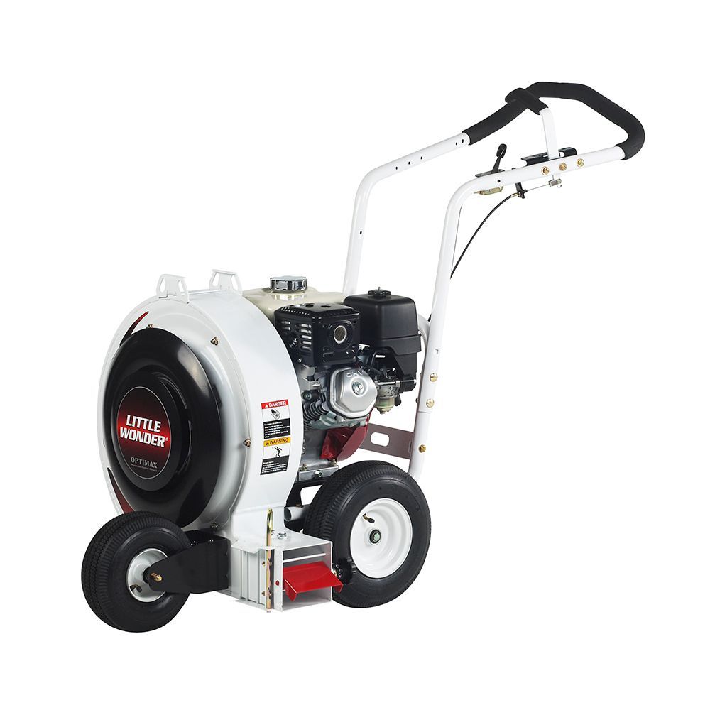 A lawn blower with wheels and a handle on a white background.