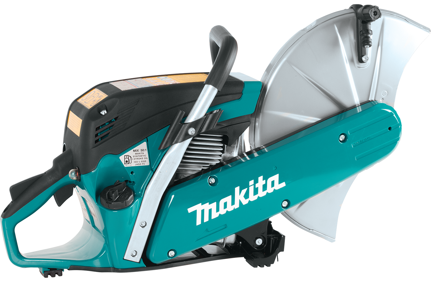 A makita chainsaw is sitting on a white surface.