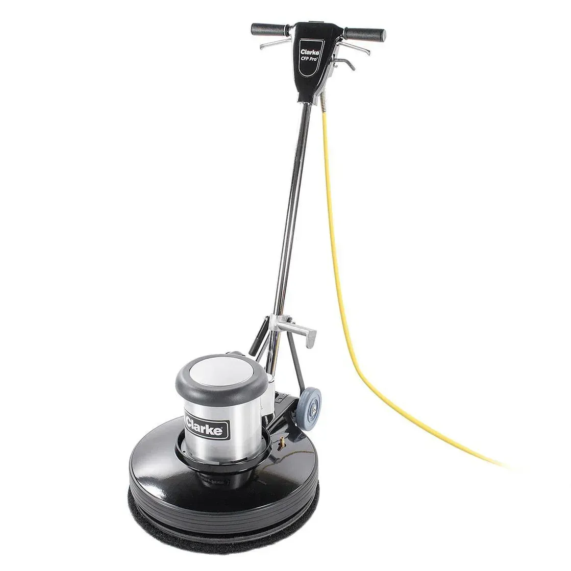 A black and silver floor polisher with a yellow cord attached to it.