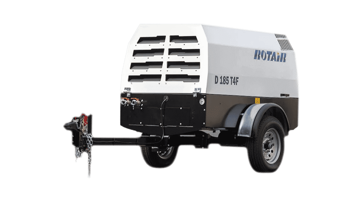A trailer with a compressor attached to it on a white background.