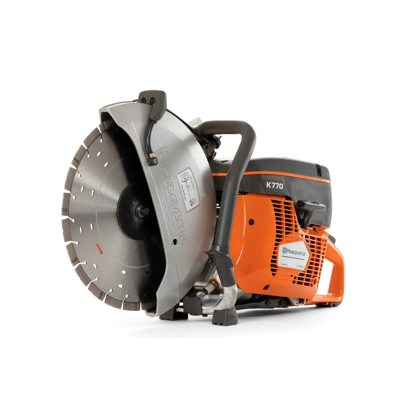 A circular saw is sitting on a white surface.