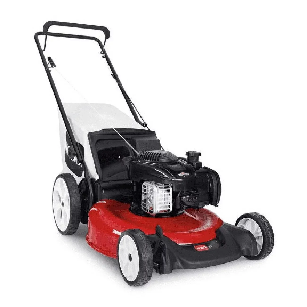 A red and white lawn mower with white wheels on a white background.