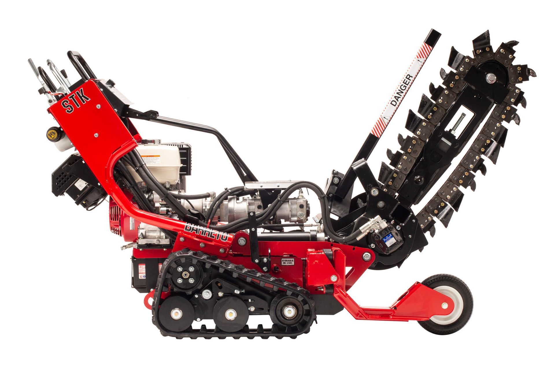 A red trencher with a chain attached to it on a white background.