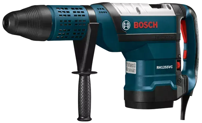 A blue and black bosch hammer on a white background