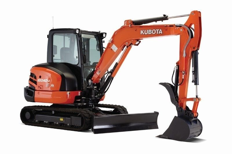 A small orange and black kubota excavator on a white background.