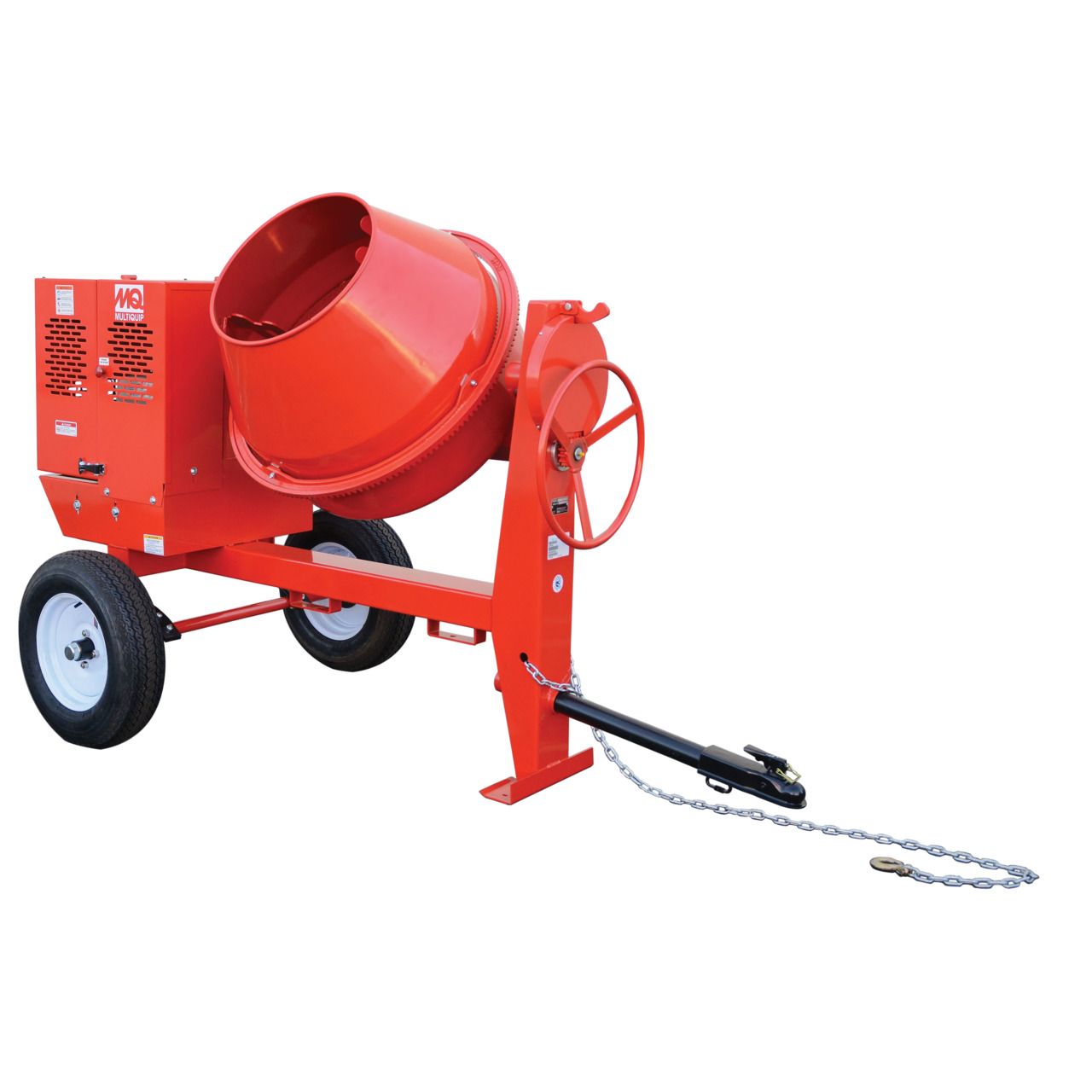 A red concrete mixer is attached to a trailer on a white background.