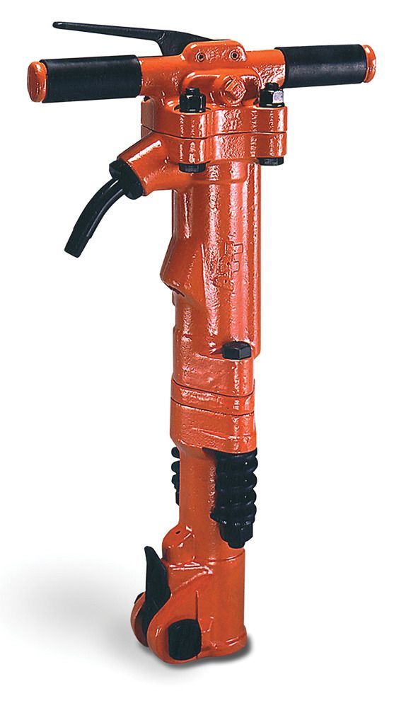 An orange and black hammer is sitting on a white surface.