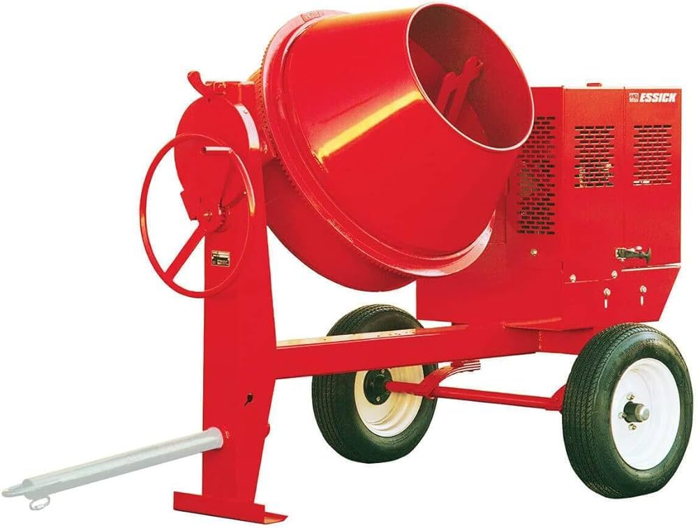 A red concrete mixer is on a white background