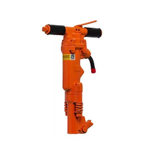 A close up of an orange hammer on a white background