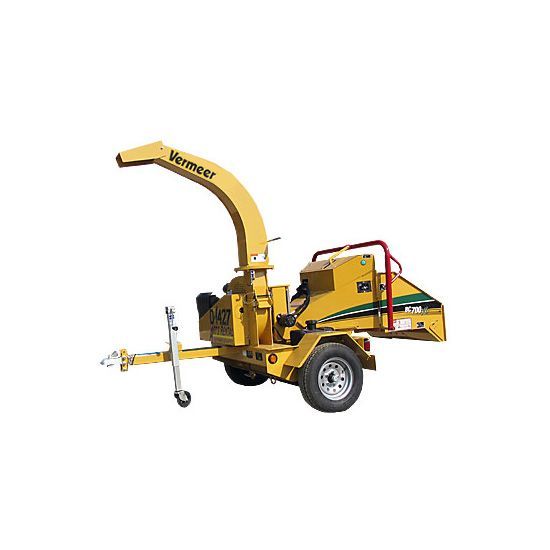 A yellow wood chipper is on a trailer on a white background.
