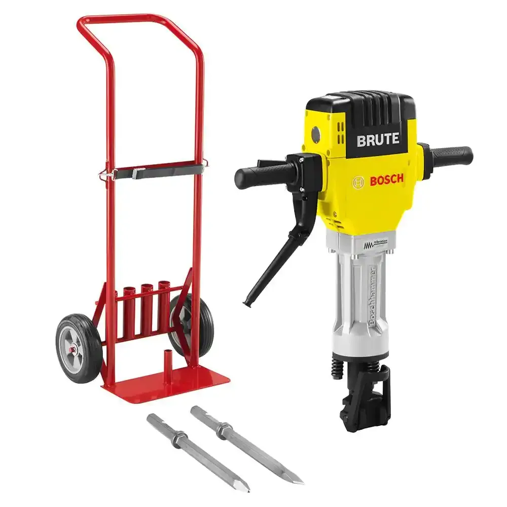 A yellow bosch brute demolition hammer with a red cart.