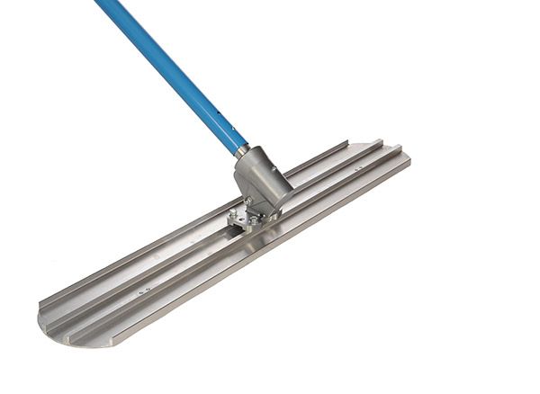 A concrete trowel with a blue handle on a white background