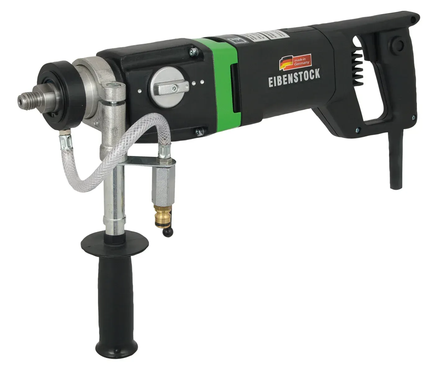 A black and green drill with a hose attached to it on a white background.