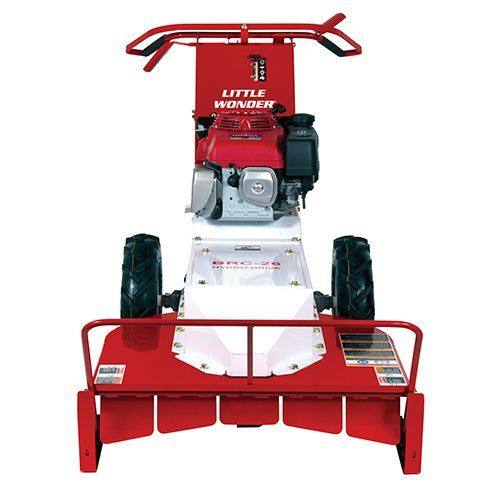 A red and white little provider lawn mower on a white background