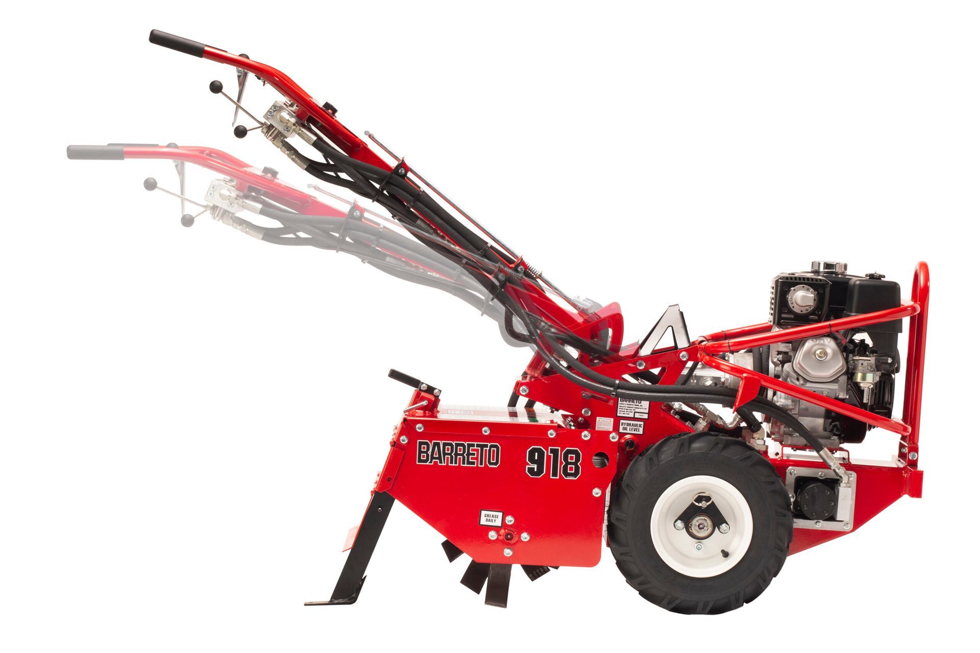 A red tractor with a black engine on a white background.