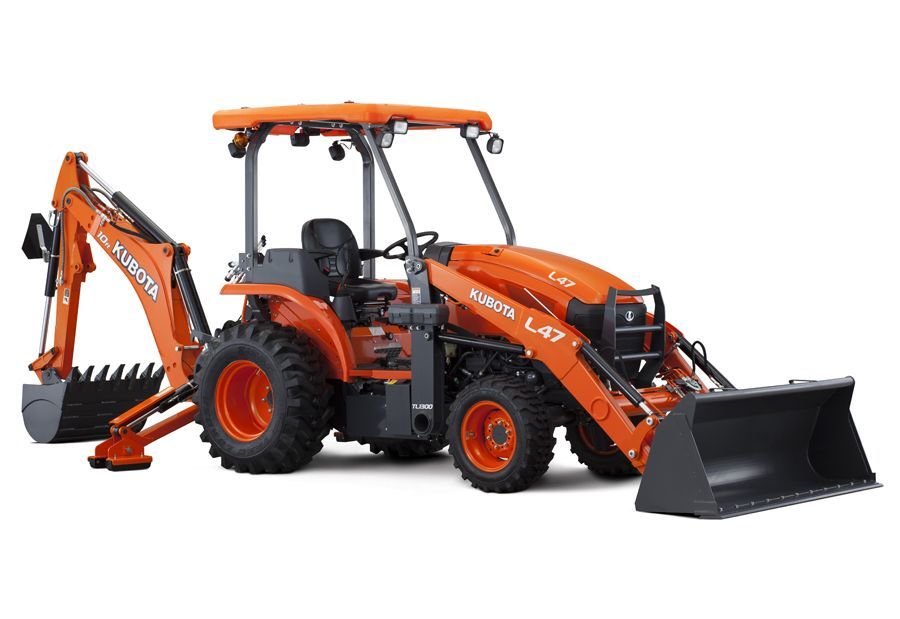 A tractor with a backhoe attached to it on a white background.