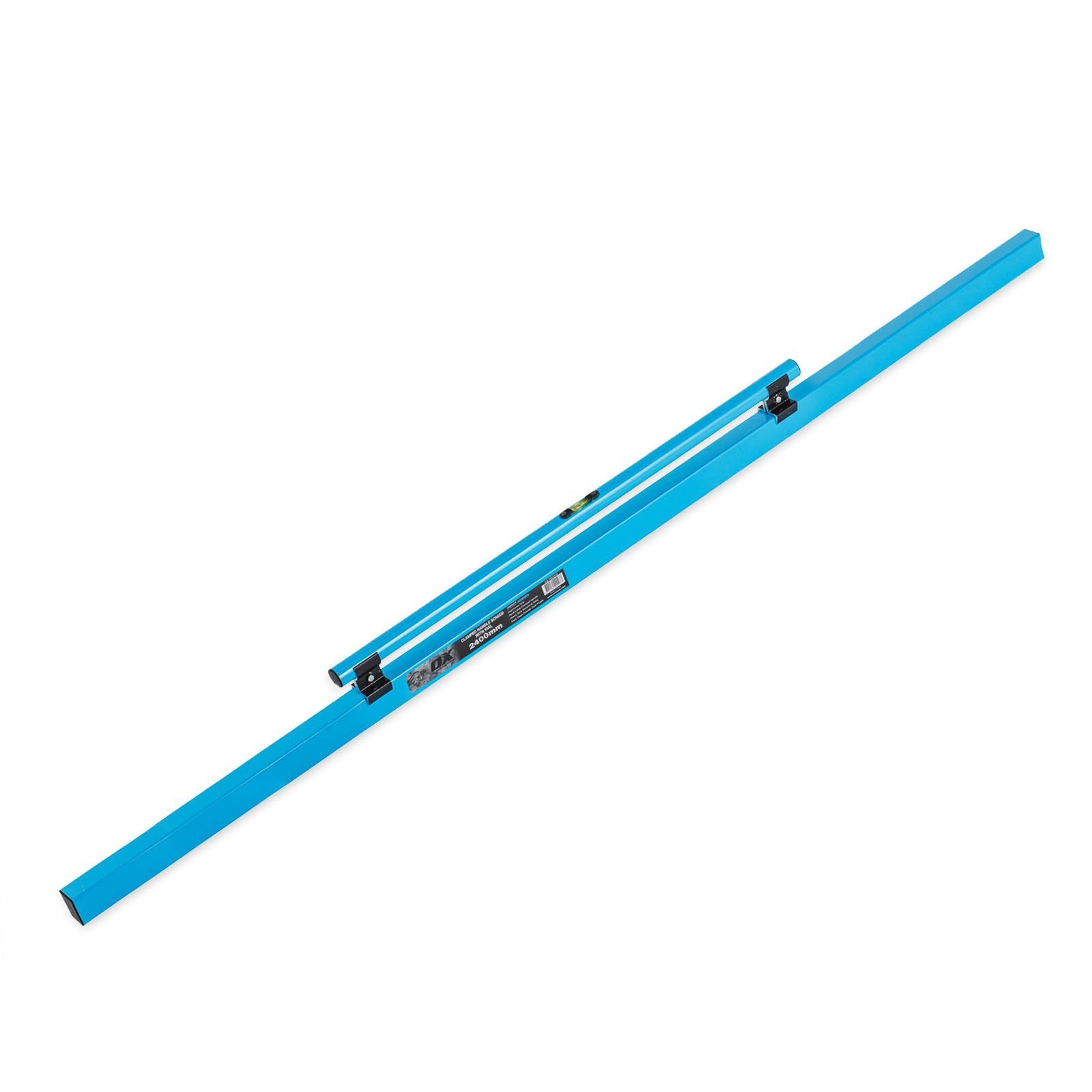 A blue level is sitting on a white surface.