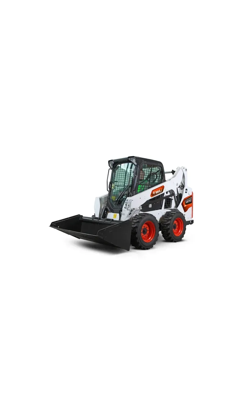 A bobcat skid steer loader with a bucket on a white background.