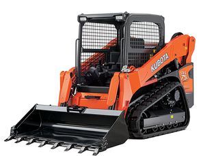 A kubota skid steer loader with a large bucket on a white background.