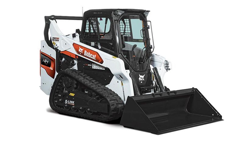 A bobcat track loader with a large bucket on a white background.