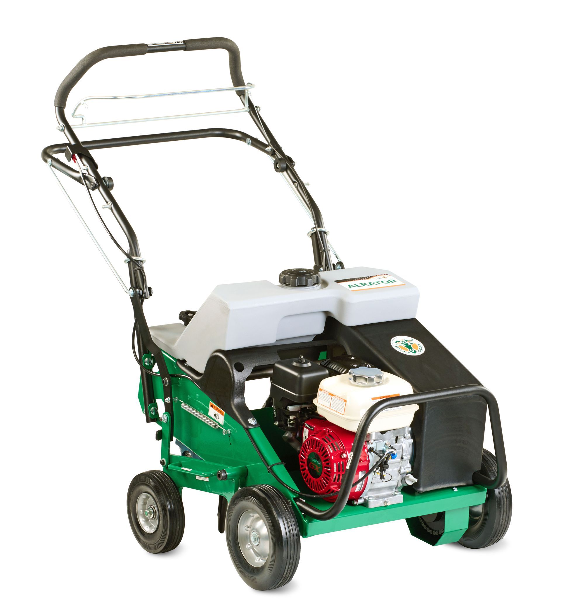 A green lawn mower with a red engine on a white background.