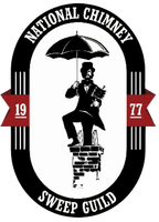 National Chimney Sweep Guild logo: chimney sweep with umbrella, top hat, on chimney, framed by text and dates.