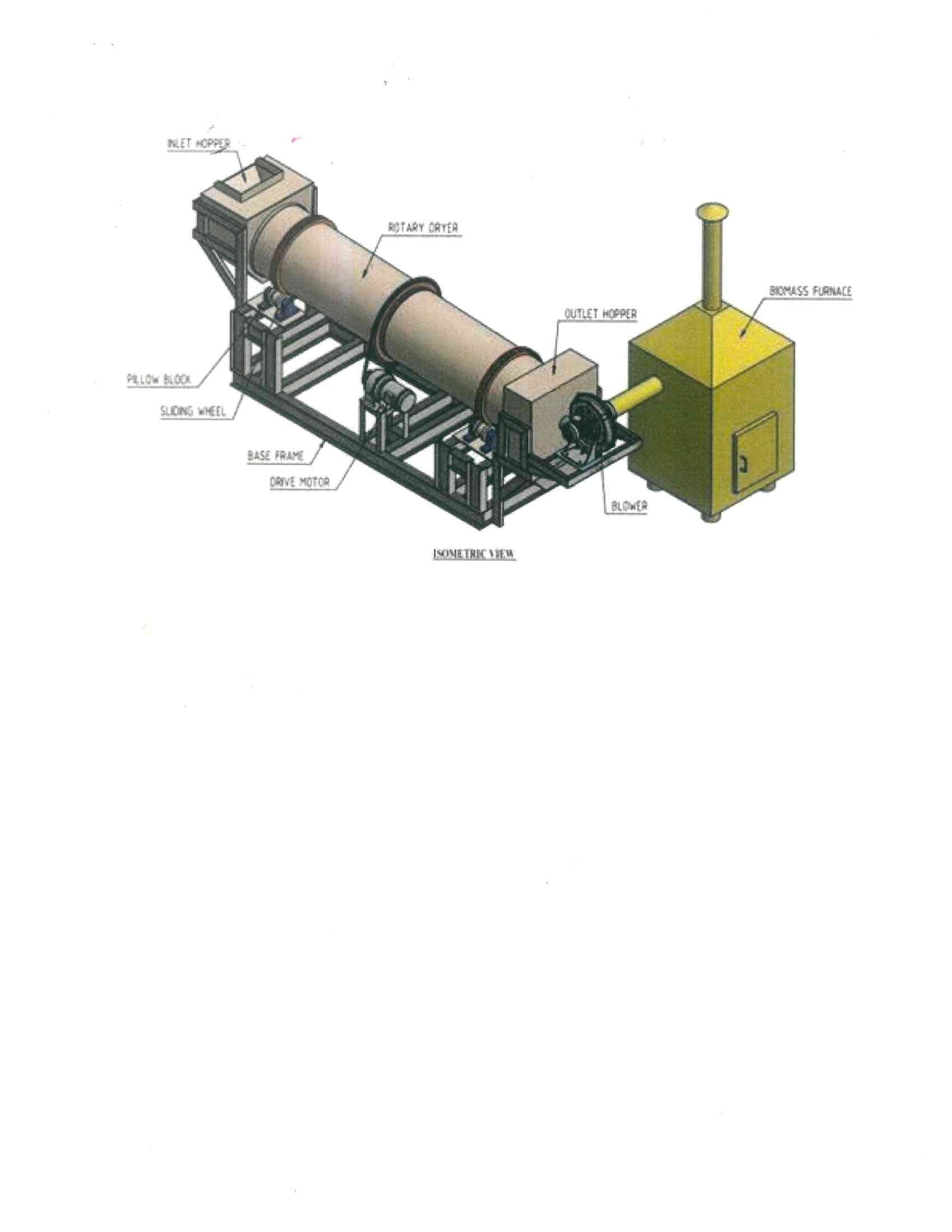 A diagram of a rotary dryer on a white background.