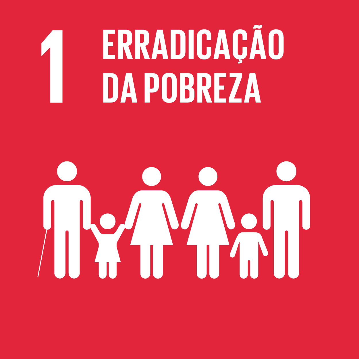 ODS 1: Erradicação da Pobreza com figuras de diferentes idades sobre fundo vermelho.