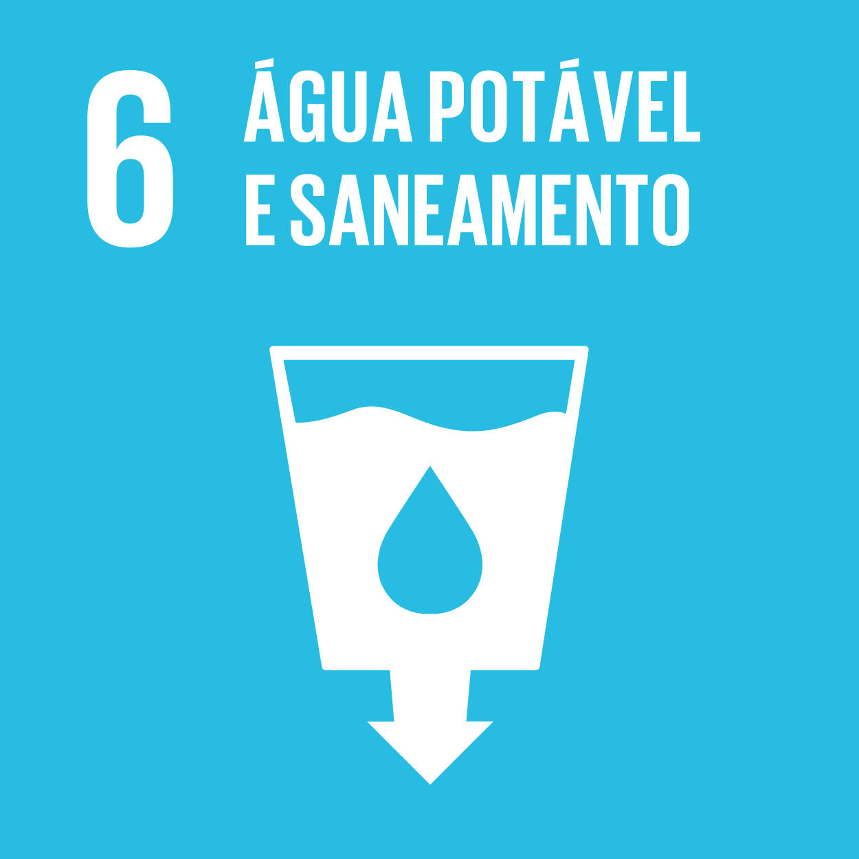 ODS 6: Água Limpa e Saneamento. Número 6 em branco e texto em azul, um copo d'água com uma gota d'água.