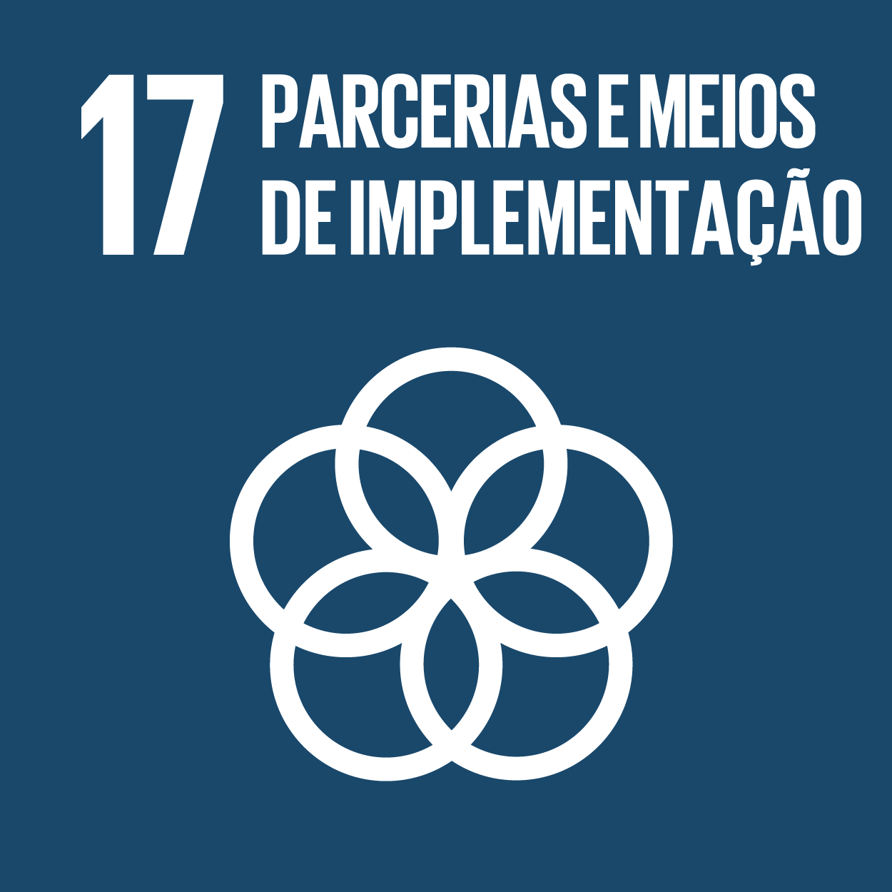 Objetivo 17: Parceria para os Objetivos. Número 17 branco e texto sobre fundo azul-escuro. Anéis entrelaçados.