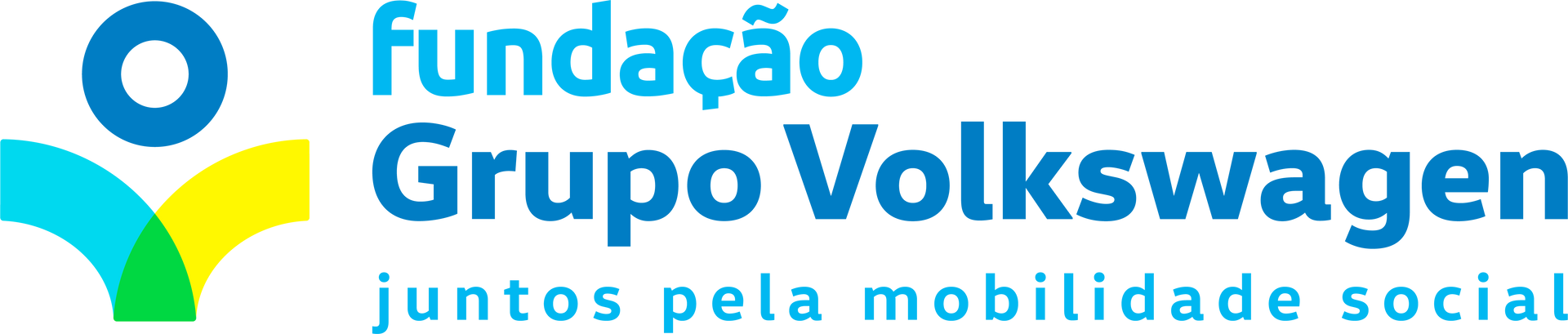 Logotipo da Fundação Grupo Volkswagen: formato de uma pessoa com cores verde, amarelo e azul, ao lado de texto azul.