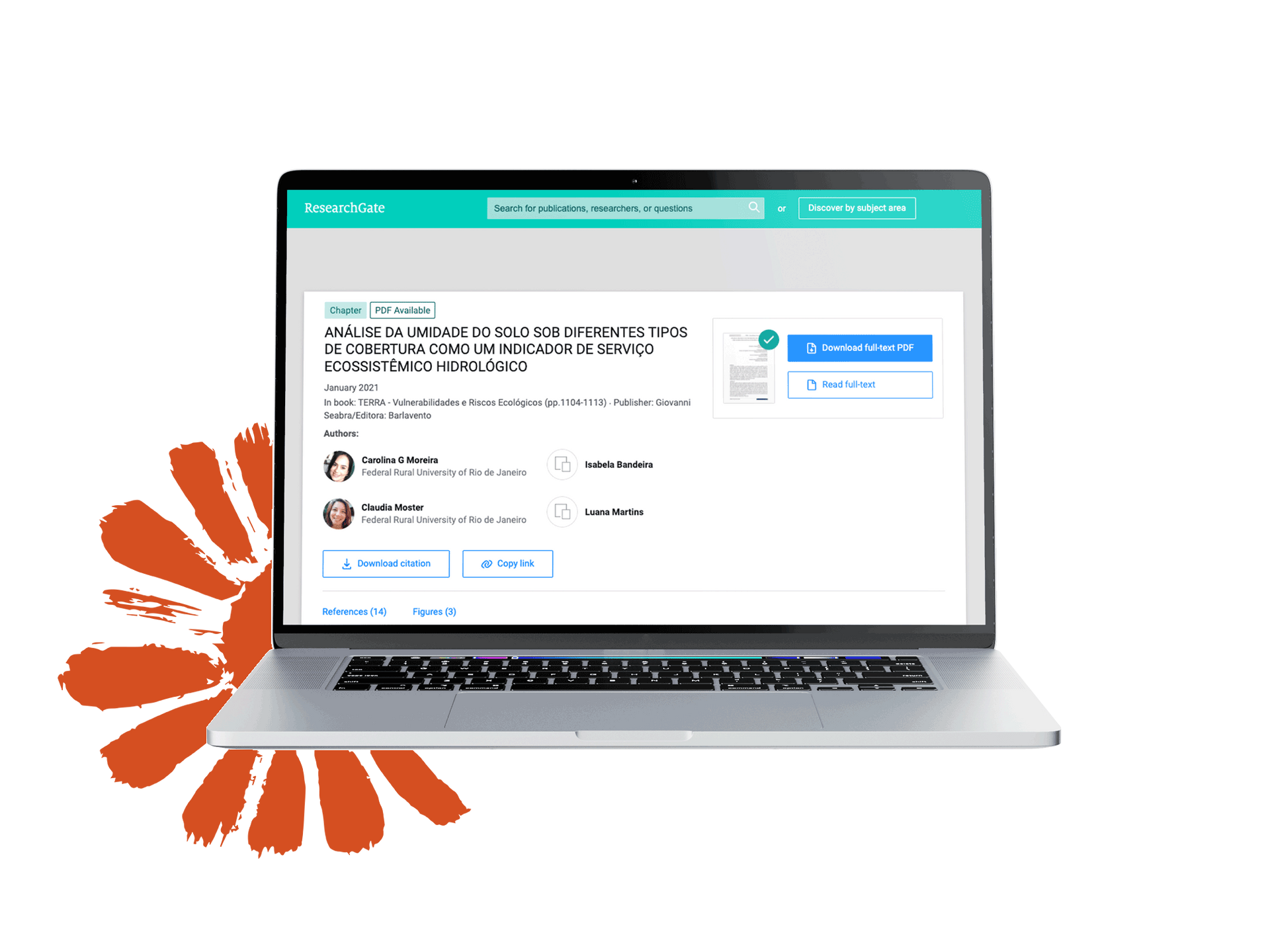 Laptop exibindo uma interface de artigo de pesquisa, com um gráfico floral laranja estilizado.