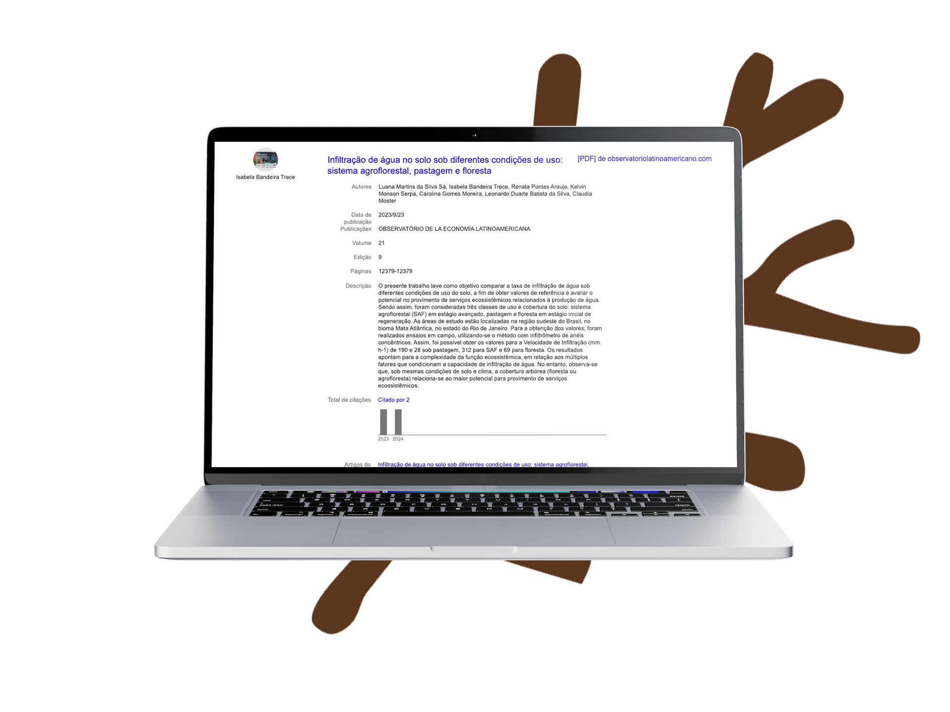Laptop exibindo um documento, com detalhes marrons em forma de galhos ao redor.