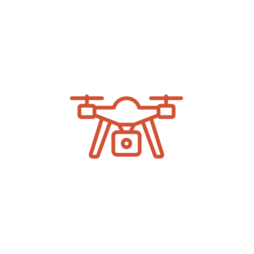 Ícone de drone, contorno vermelho sobre fundo branco.